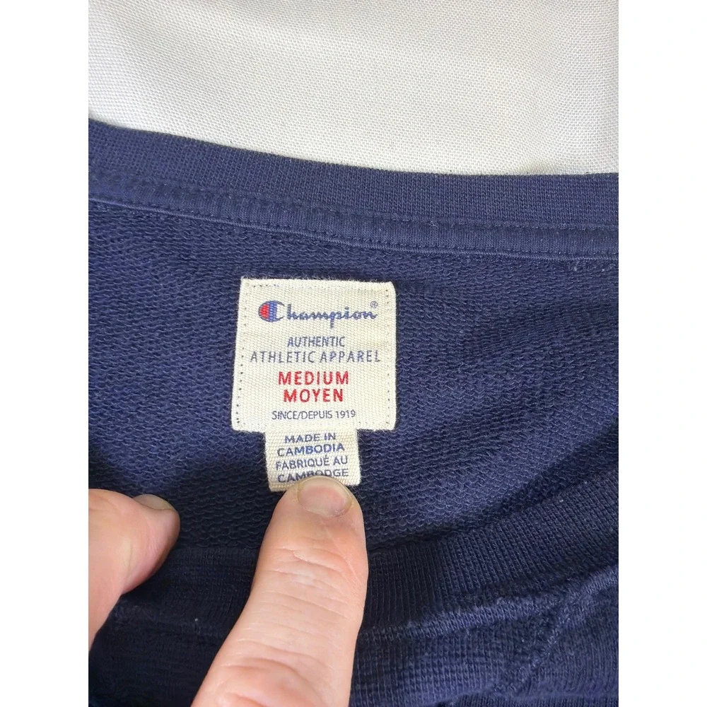 Champion Mens Navy Blue Script Logo Raglan Crewneck Sweatshirt Medium 3911411
